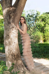 Robe longue bustier en tulle à volants étagés Leticia